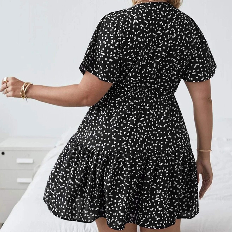 Rochie cu mâneci scurte cu model de inimă rochie boho cu mâneci scurte, cu imprimeu floral de vară, ocazională, rochie în formă de A