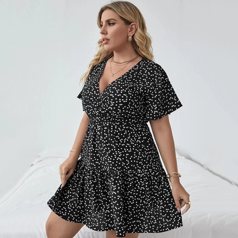 Rochie cu mâneci scurte cu model de inimă rochie boho cu mâneci scurte, cu imprimeu floral de vară, ocazională, rochie în formă de A
