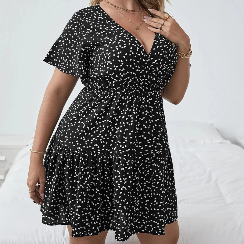 Rochie cu mâneci scurte cu model de inimă rochie boho cu mâneci scurte, cu imprimeu floral de vară, ocazională, rochie în formă de A