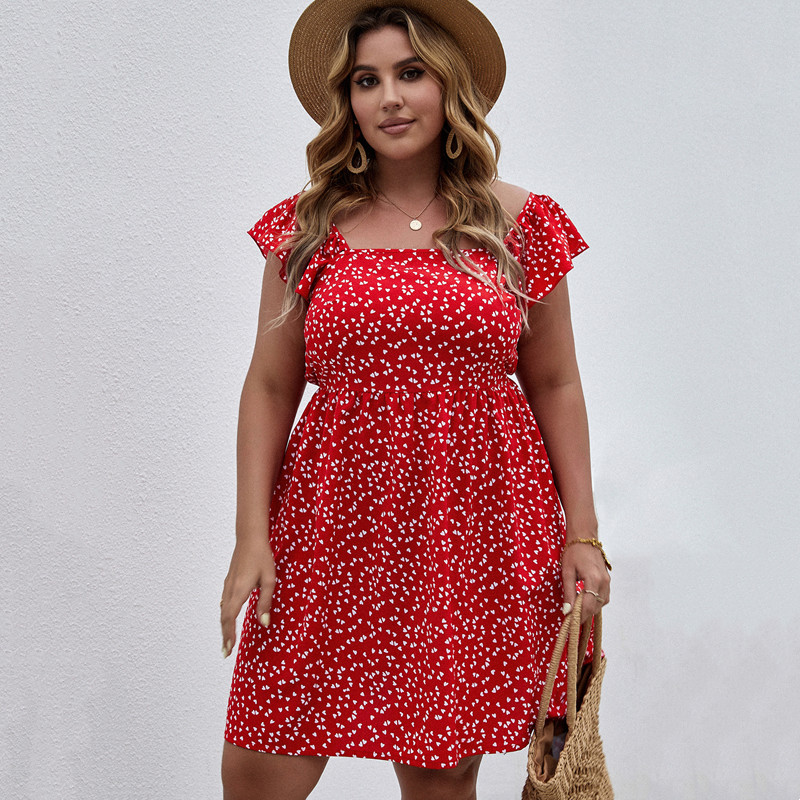 Liela izmēra kvadrātveida kakla ziedu apdruka vasaras Boho kleita ar īsām volānām piedurknēm ar sirds apdruku ikdienas kleita liela izmēra pludmales sauļošanās kleita 7XL