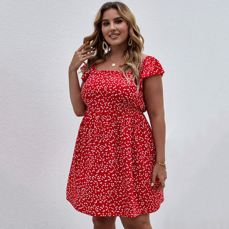 Liela izmēra kvadrātveida kakla ziedu apdruka vasaras Boho kleita ar īsām volānām piedurknēm ar sirds apdruku ikdienas kleita liela izmēra pludmales sauļošanās kleita 7XL