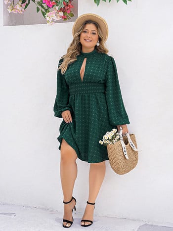 GIBSIE Plus Size Swiss Dot Cutout Mock φόρεμα με λαιμόκοψη 2024 Άνοιξη Καλοκαίρι Boho Φορέματα με μακρύ μανίκι ελαστική μέση κοντά σε γραμμή Α