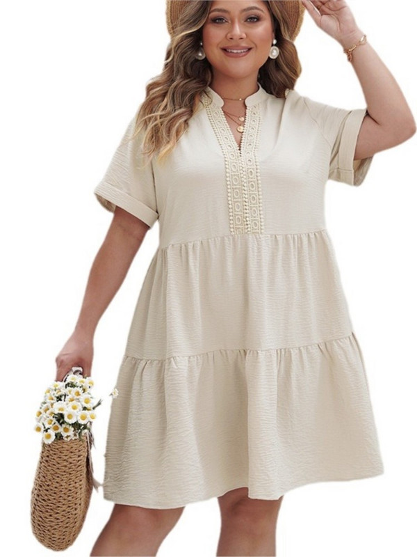 Proljeće Ljeto Proljeće Ljeto Ženska haljina s V-izrezom velike veličine, široka, plisirana modna elegantna ženska haljina kratkih rukava