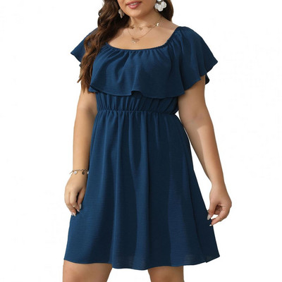 Sieviešu vasaras kleita kvadrātveida apkakle ar īsām piedurknēm ar volāniem dekoru mini kleita ar elastīgu augstu vidukli vienkrāsaina brīva apakšmala liela izmēra kleita