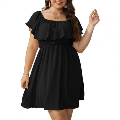 Sieviešu vasaras kleita kvadrātveida apkakle ar īsām piedurknēm ar volāniem dekoru mini kleita ar elastīgu augstu vidukli vienkrāsaina brīva apakšmala liela izmēra kleita