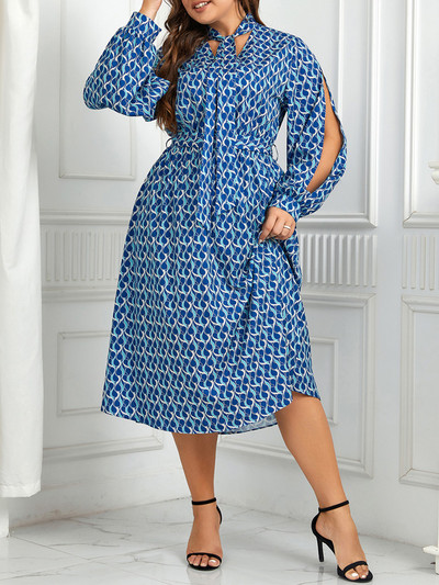 GIBSIE Rochie lungă cu imprimeu cu papion și gât, mărime mare, femei, primăvară, toamnă, ocazional, la modă, la petrecere, rochii în linie A, cu mâneci cu fante