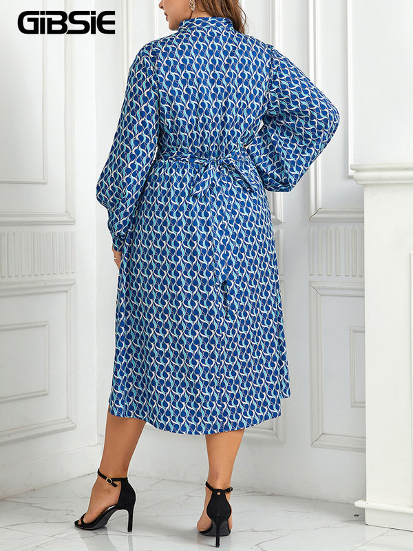 GIBSIE Rochie lungă cu imprimeu cu papion și gât, mărime mare, femei, primăvară, toamnă, ocazional, la modă, la petrecere, rochii în linie A, cu mâneci cu fante