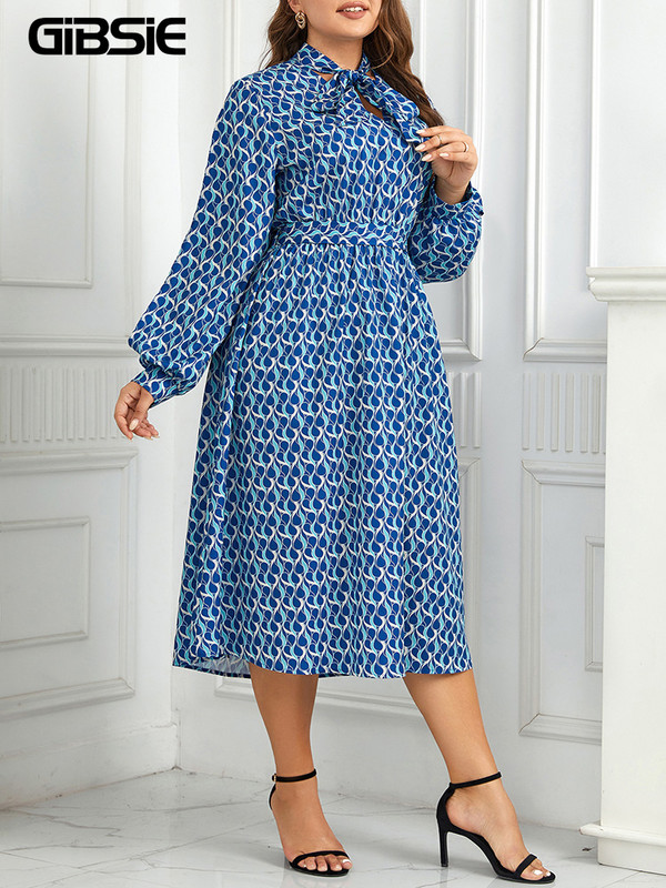 GIBSIE Rochie lungă cu imprimeu cu papion și gât, mărime mare, femei, primăvară, toamnă, ocazional, la modă, la petrecere, rochii în linie A, cu mâneci cu fante