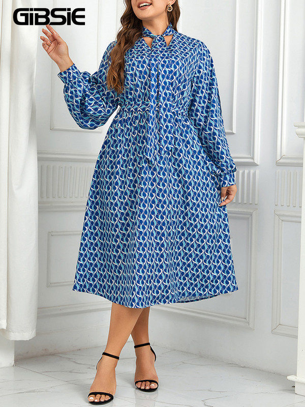 GIBSIE Rochie lungă cu imprimeu cu papion și gât, mărime mare, femei, primăvară, toamnă, ocazional, la modă, la petrecere, rochii în linie A, cu mâneci cu fante