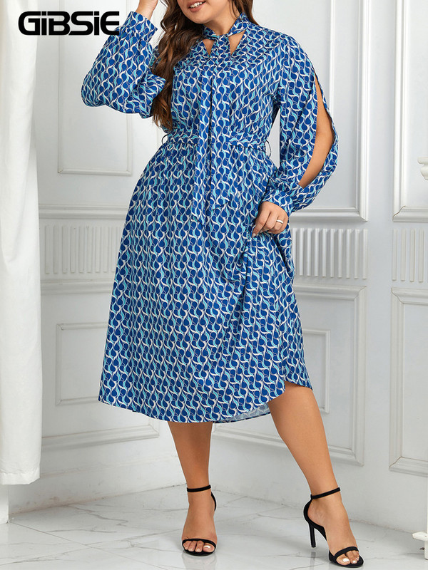 GIBSIE Rochie lungă cu imprimeu cu papion și gât, mărime mare, femei, primăvară, toamnă, ocazional, la modă, la petrecere, rochii în linie A, cu mâneci cu fante