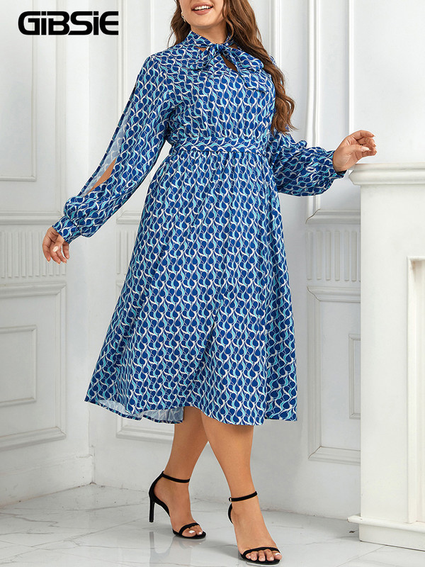 GIBSIE Rochie lungă cu imprimeu cu papion și gât, mărime mare, femei, primăvară, toamnă, ocazional, la modă, la petrecere, rochii în linie A, cu mâneci cu fante