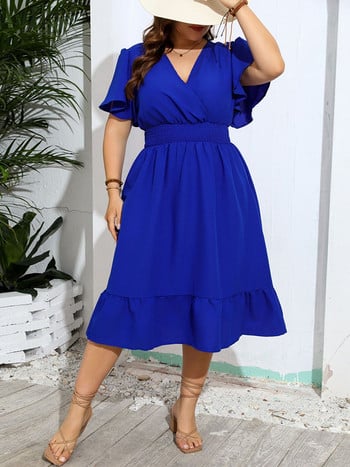 GIBSIE Plus Size Solid V λαιμόκοψη Ελαστική μέση Casual Γυναικείο Καλοκαιρινό μακρύ φόρεμα με πεταλούδα μανίκι διακοπών Φορέματα σε γραμμή Α με βολάν