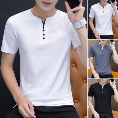 Maza V veida kakla izgriezuma vasaras T-krekls pogas Dekors ar īsām piedurknēm Vīriešu T-krekls Vasaras vienkrāsains Slim Fit T-krekls Top Streetwear