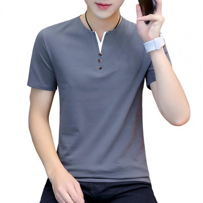 Ljetna majica kratkih rukava s malim V-izrezom Dekoracija s gumbima Kratkih rukava Muška majica kratkih rukava Ljetna jednobojna uska majica Ulična odjeća