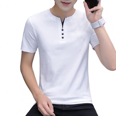 Ljetna majica kratkih rukava s malim V-izrezom Dekoracija s gumbima Kratkih rukava Muška majica kratkih rukava Ljetna jednobojna uska majica Ulična odjeća