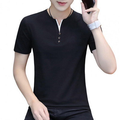 Ljetna majica kratkih rukava s malim V-izrezom Dekoracija s gumbima Kratkih rukava Muška majica kratkih rukava Ljetna jednobojna uska majica Ulična odjeća