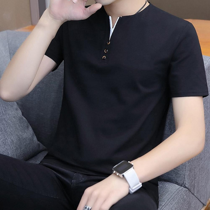 Ljetna majica kratkih rukava s malim V-izrezom Dekoracija s gumbima Kratkih rukava Muška majica kratkih rukava Ljetna jednobojna uska majica Ulična odjeća