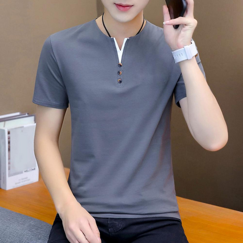 Ljetna majica kratkih rukava s malim V-izrezom Dekoracija s gumbima Kratkih rukava Muška majica kratkih rukava Ljetna jednobojna uska majica Ulična odjeća