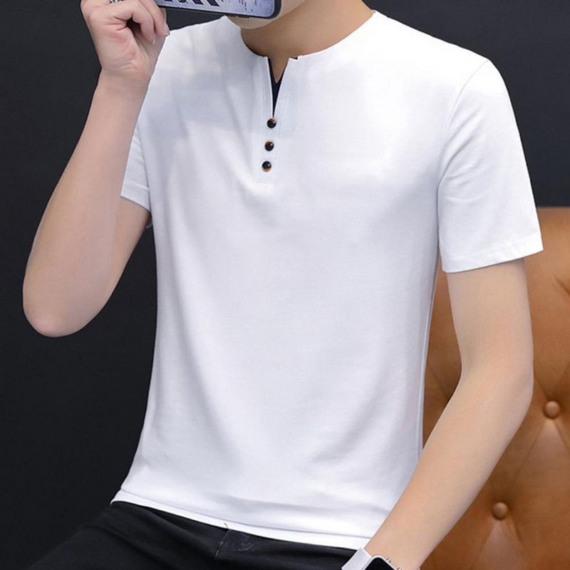 Ljetna majica kratkih rukava s malim V-izrezom Dekoracija s gumbima Kratkih rukava Muška majica kratkih rukava Ljetna jednobojna uska majica Ulična odjeća