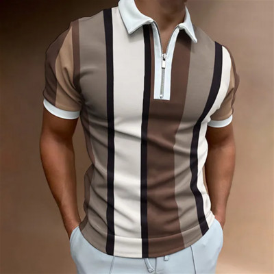 Tricou polo 2023 pentru bărbați Vară Topuri pentru bărbați Zilnic cu mânecă scurtă în dungi Golf Îmbrăcăminte simplă Cămăși pentru bărbați Guler răsturnat Tricou cu fermoar