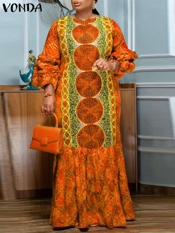 Liela izmēra VONDA 2024 ballītes Maxi kleita sievietēm Bohemain ar garām piedurknēm ikdienišķa apdrukāta vintage sauļošanās kleita, brīvs modes ballīšu halāts