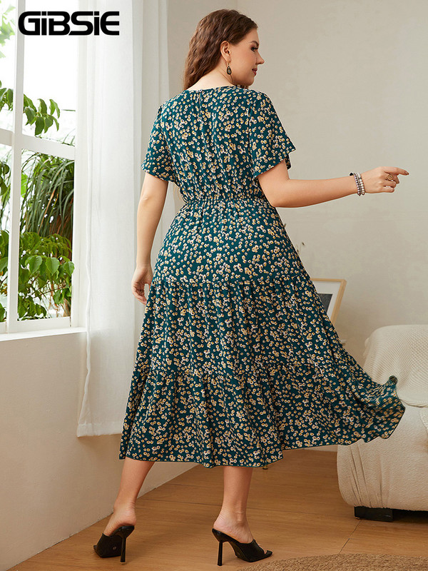 GIBSIE Liela izmēra Ditsy ziedu krāsas O veida kakla volānu kleita Sieviešu brīvdienu Boho vasaras īsām piedurknēm, elastīgas A līnijas garas ikdienas kleitas