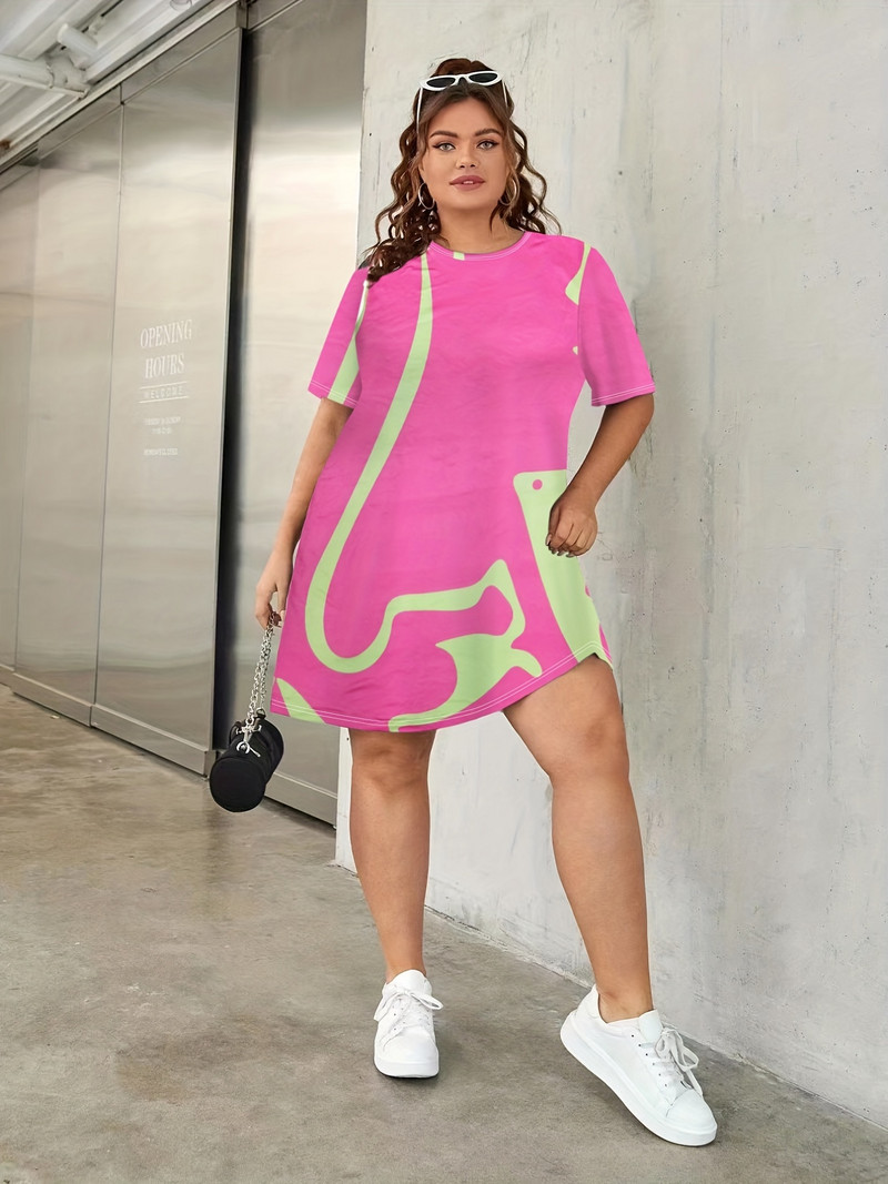 Nagy méretű női alkalmi pólóruha, divatos plusz geometriai mintás hölgy rövid ujjú, O-nyakú, közepes rugalmasságú, Breathe hálóing