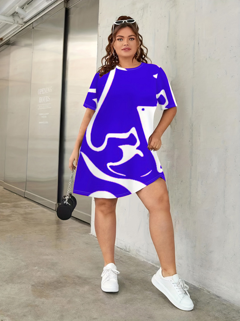 Nagy méretű női alkalmi pólóruha, divatos plusz geometriai mintás hölgy rövid ujjú, O-nyakú, közepes rugalmasságú, Breathe hálóing