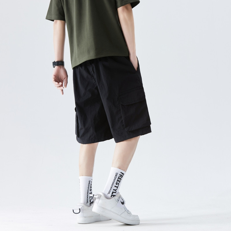 Férfi nyári rugalmas magas derekú tömör zsebek Alkalmi munkaruha Sport bő nadrág Divat Anglia Stílusú Vintage rövidnadrág