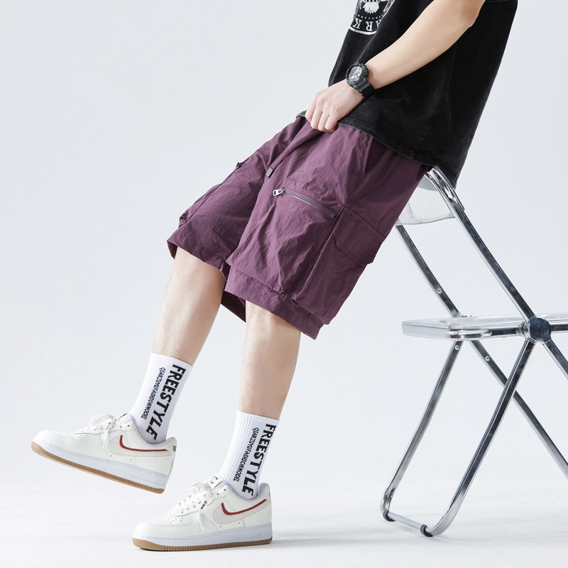 Férfi nyári rugalmas magas derekú tömör zsebek Alkalmi munkaruha Sport bő nadrág Divat Anglia Stílusú Vintage rövidnadrág