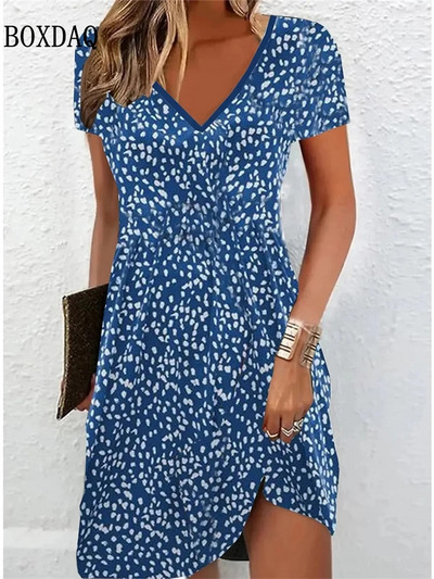 Rochie ocazională cu mâneci scurte de modă pentru femei, pulover de vară, cu imprimeu floral, rochie midi cu decolteu în V, largi, mai mari, haine pentru femei, rochie de soare