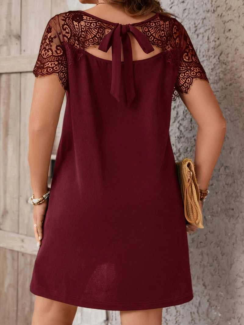 2024. Ljetna ženska čipkana patchwork haljina, ležerna haljina s kratkim rukavima na kravatu, velika veličina