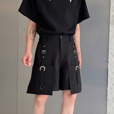 IEFB šorti ar augstu jostasvietu Vasaras jauni ikdienas vīriešu kravas bikses kabatas rāvējslēdzējs vienkrāsains brīvs 2024. gada modes metāla lente 9C5355