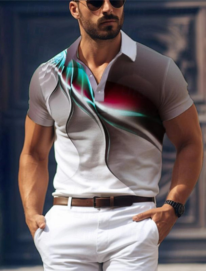 Geometrija Vyriški verslo spaudiniai 3D laisvalaikio golfo polo trumpomis rankovėmis polo marškinėliai Vasariniai mikroelastingi atvartai tinklinio audinio polo