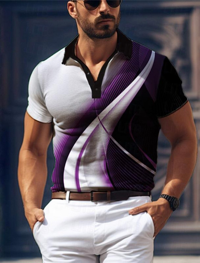 Geometrija Vyriški verslo spaudiniai 3D laisvalaikio golfo polo trumpomis rankovėmis polo marškinėliai Vasariniai mikroelastingi atvartai tinklinio audinio polo