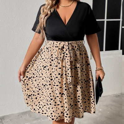 Καλοκαιρινό μίνι φόρεμα σε συνθετικό μέγεθος, Γυναικείο φόρεμα με λαιμόκοψη με λαιμόκοψη, γυναικείο φόρεμα με φαρδιά βολάν