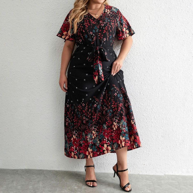 Női nyári ruha, virágmintás, rövid ujjú, A-vonalú, fűzős, öves, feszes derék, nagyméretű, bokahosszú, V nyakú buli bál Lady Max