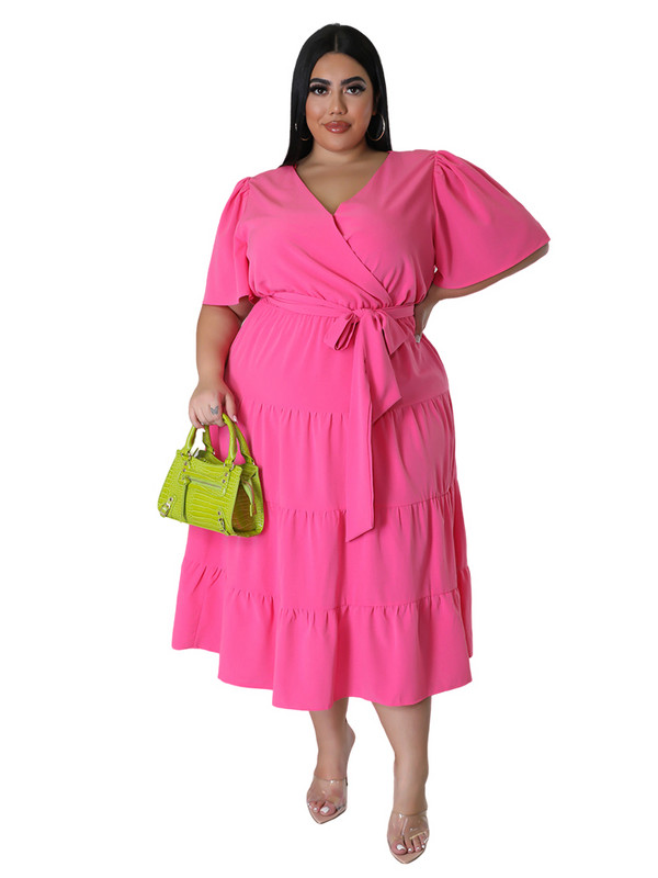 Nagy méretű női ruha V-nyakú tavaszi nyár A-vonalú rövid ujjú ruha női tömör hosszú elegáns buli nagykereskedelmi kiszállítás