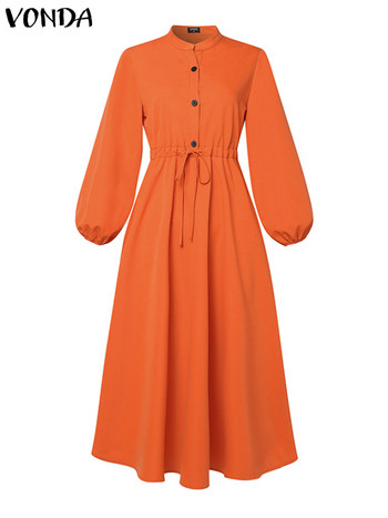 Плюс размер 5XL VONDA 2024 Дамска елегантна рокля, есенна миди рокля с дълъг ръкав с фенер, свободни ежедневни парти vestidos с копчета