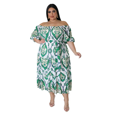 Liela izmēra sieviešu elegantas garās kleitas ar apdruku, pavasaris vasara ikdienišķs ar slīpu kakla izgriezumu. Sieviešu elegantas pludmales kleitas ar augstu vidukli un līniju