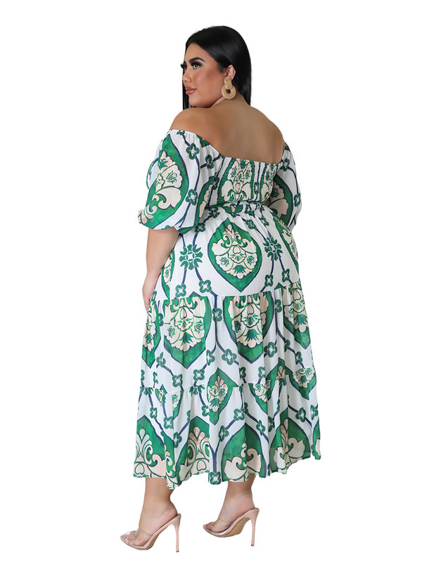 Liela izmēra sieviešu elegantas garās kleitas ar apdruku, pavasaris vasara ikdienišķs ar slīpu kakla izgriezumu. Sieviešu elegantas pludmales kleitas ar augstu vidukli un līniju