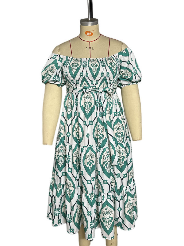 Liela izmēra sieviešu elegantas garās kleitas ar apdruku, pavasaris vasara ikdienišķs ar slīpu kakla izgriezumu. Sieviešu elegantas pludmales kleitas ar augstu vidukli un līniju