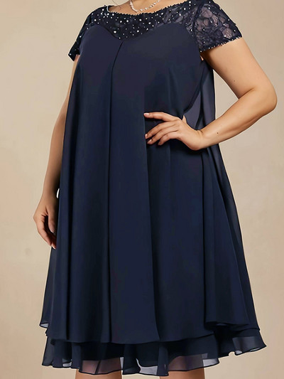 Šifona mežģīņu kleita līgavas mātei ar pērļotiem fliteriem Eleganta, kroku A-līnijas, vaļīga, īsām piedurknēm raibveida minikleita 2024. gadam