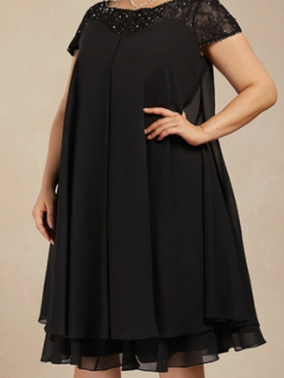 Šifona mežģīņu kleita līgavas mātei ar pērļotiem fliteriem Eleganta, kroku A-līnijas, vaļīga, īsām piedurknēm raibveida minikleita 2024. gadam