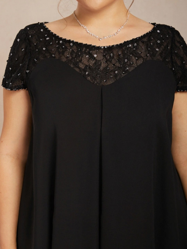 Šifona mežģīņu kleita līgavas mātei ar pērļotiem fliteriem Eleganta, kroku A-līnijas, vaļīga, īsām piedurknēm raibveida minikleita 2024. gadam