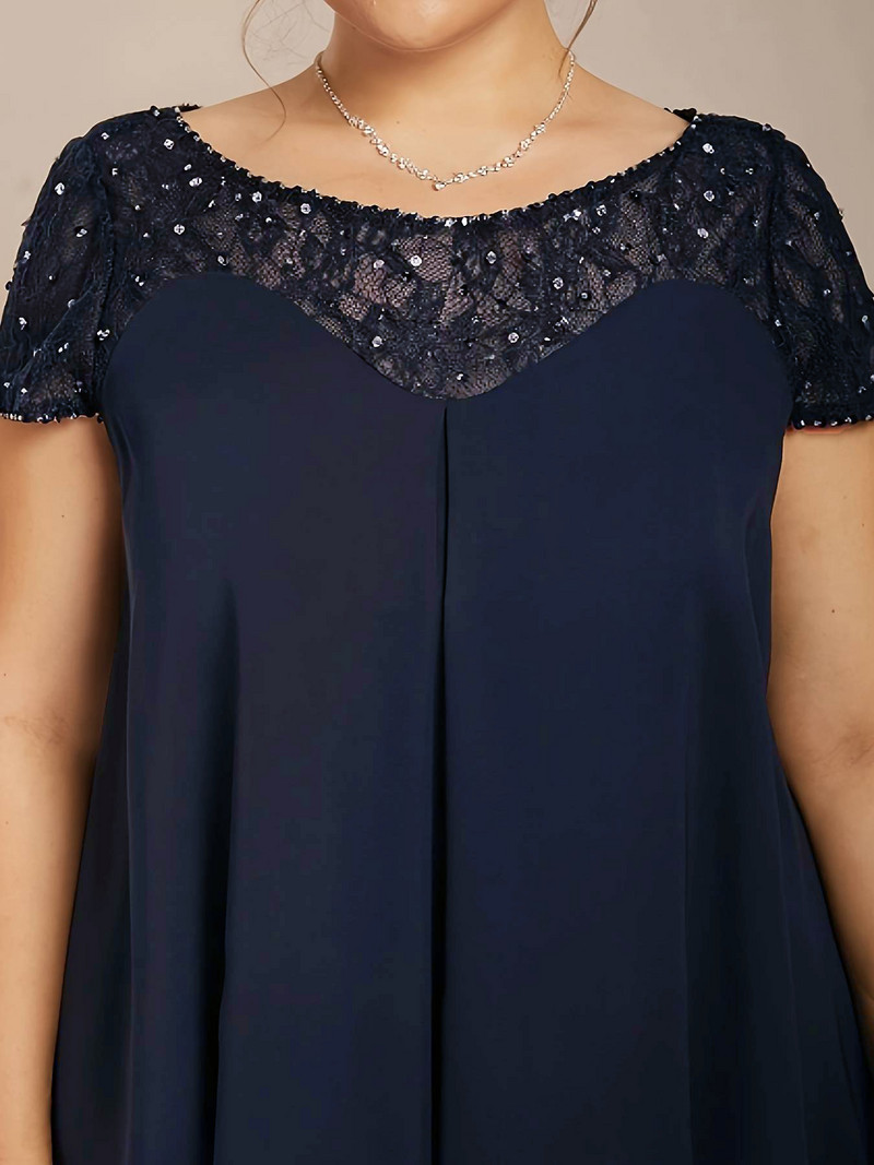 Šifona mežģīņu kleita līgavas mātei ar pērļotiem fliteriem Eleganta, kroku A-līnijas, vaļīga, īsām piedurknēm raibveida minikleita 2024. gadam