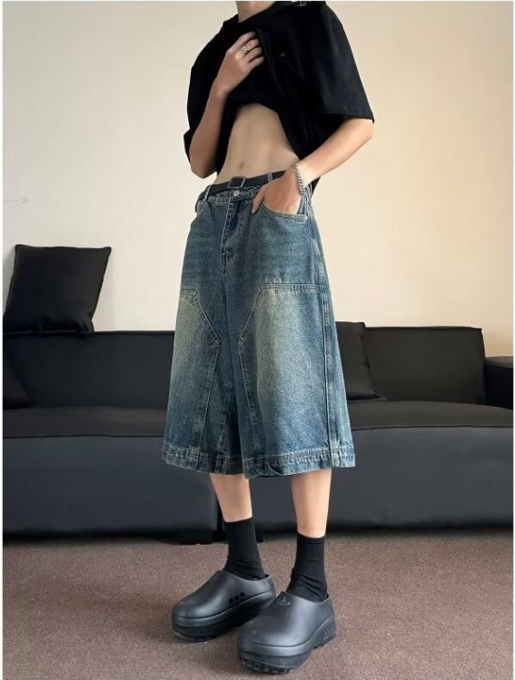 Vintage Wash Férfi tavaszi/nyári Patchwork széles szárú farmer 2024-es divat Alkalmi karcsú farmer negyed nadrág uniszex 3XL-S