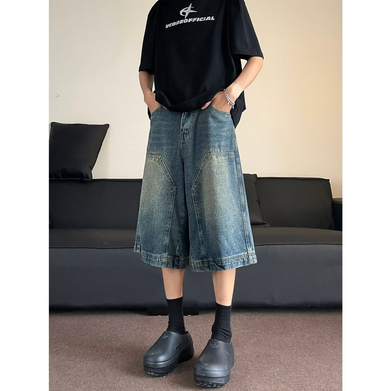 Vintage Wash Férfi tavaszi/nyári Patchwork széles szárú farmer 2024-es divat Alkalmi karcsú farmer negyed nadrág uniszex 3XL-S