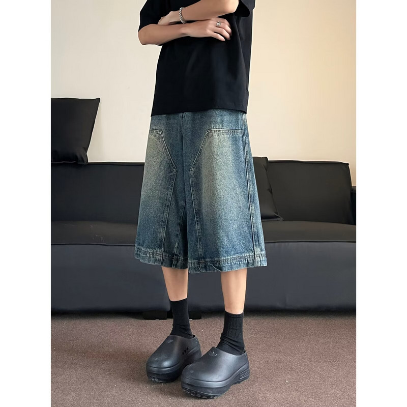 Vintage Wash Férfi tavaszi/nyári Patchwork széles szárú farmer 2024-es divat Alkalmi karcsú farmer negyed nadrág uniszex 3XL-S