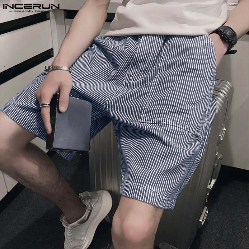INCERUN 2024 Modes, jauni vīriešu šorti, retro svītraini, liela kabatas dizaina šorti, brīvā laika ielas apģērbi vīriešiem, izpārdošanas šorti S-5XL